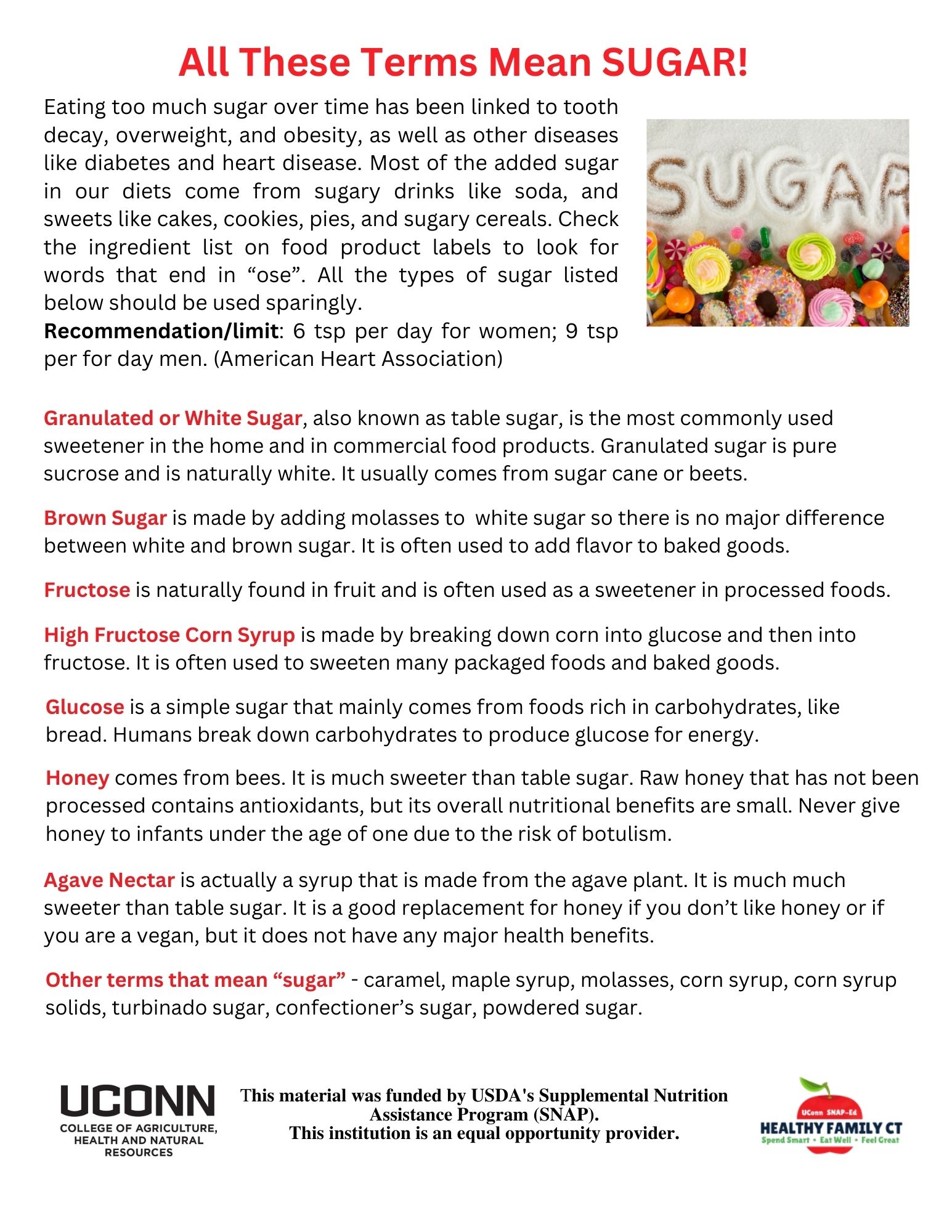 handout on terms that mean sugar on a food label