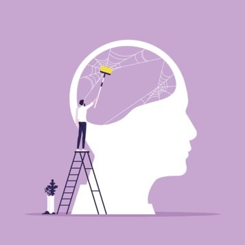 illustration of a person cleaning cleaning a brain to representing clearing your mind of clutter and stress