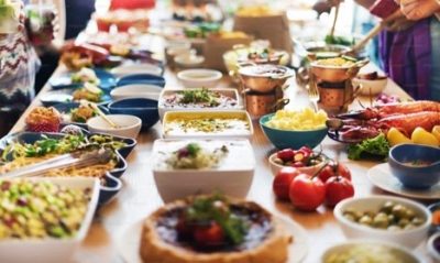large spread of colorful foods on a table