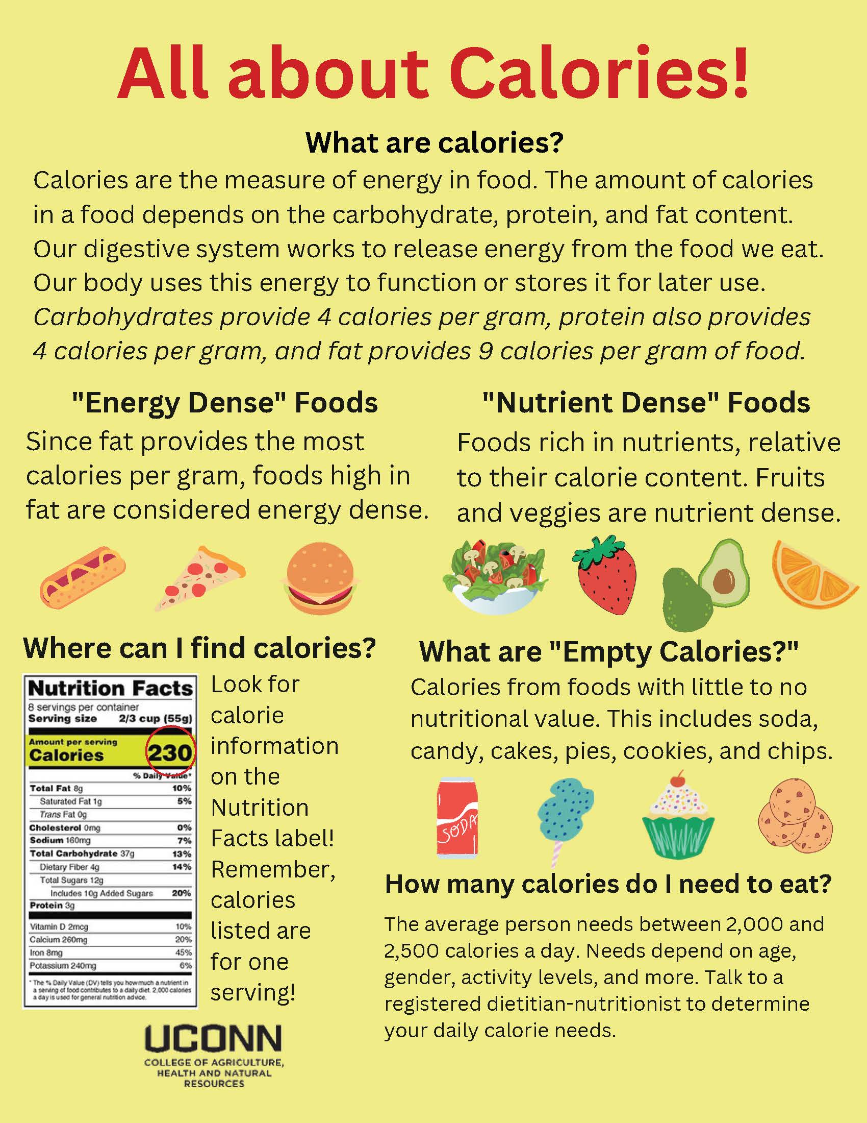 All about Calories handout with image of a food label showing calories per container and calories per serving