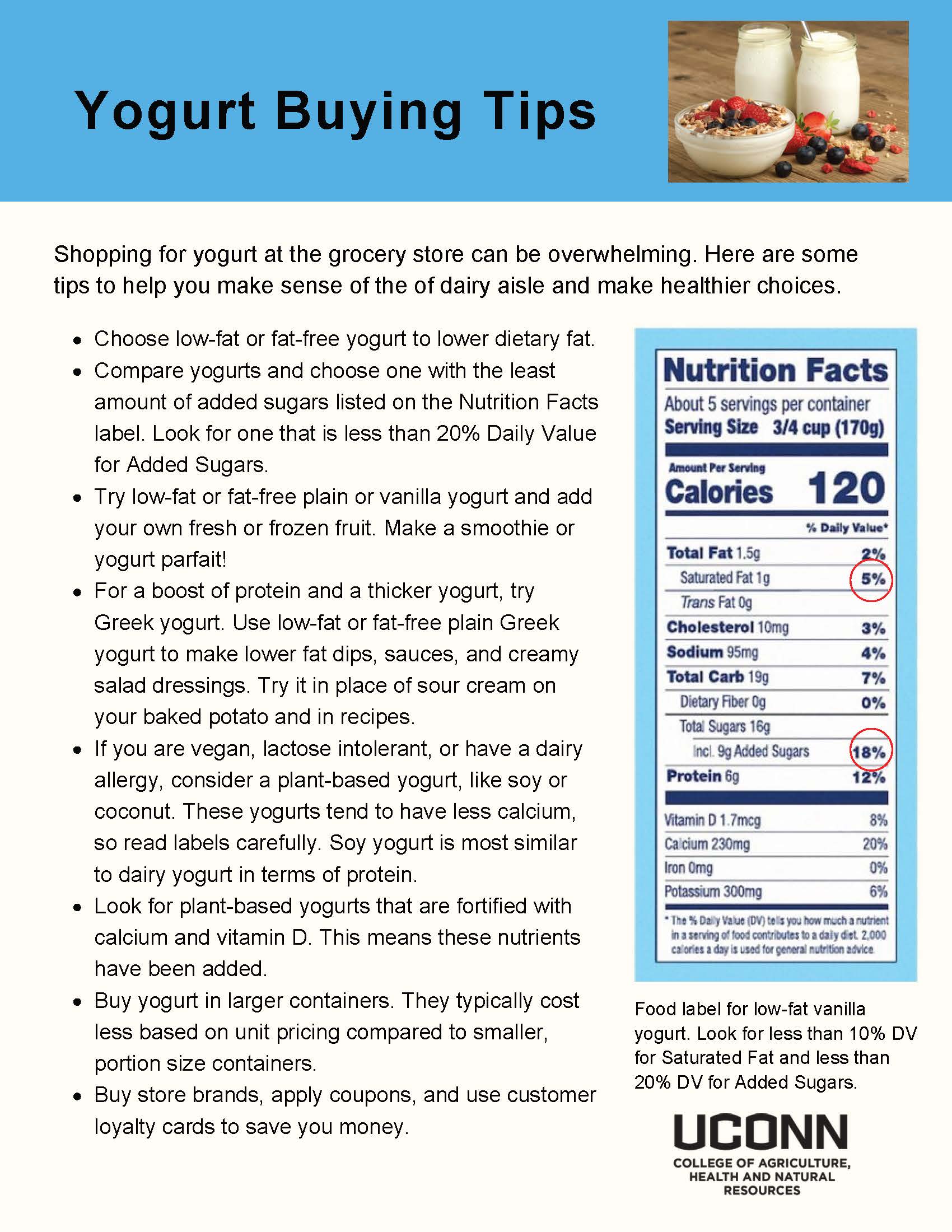 Yogurt Buying Tips flyer with Nutrition Facts label
