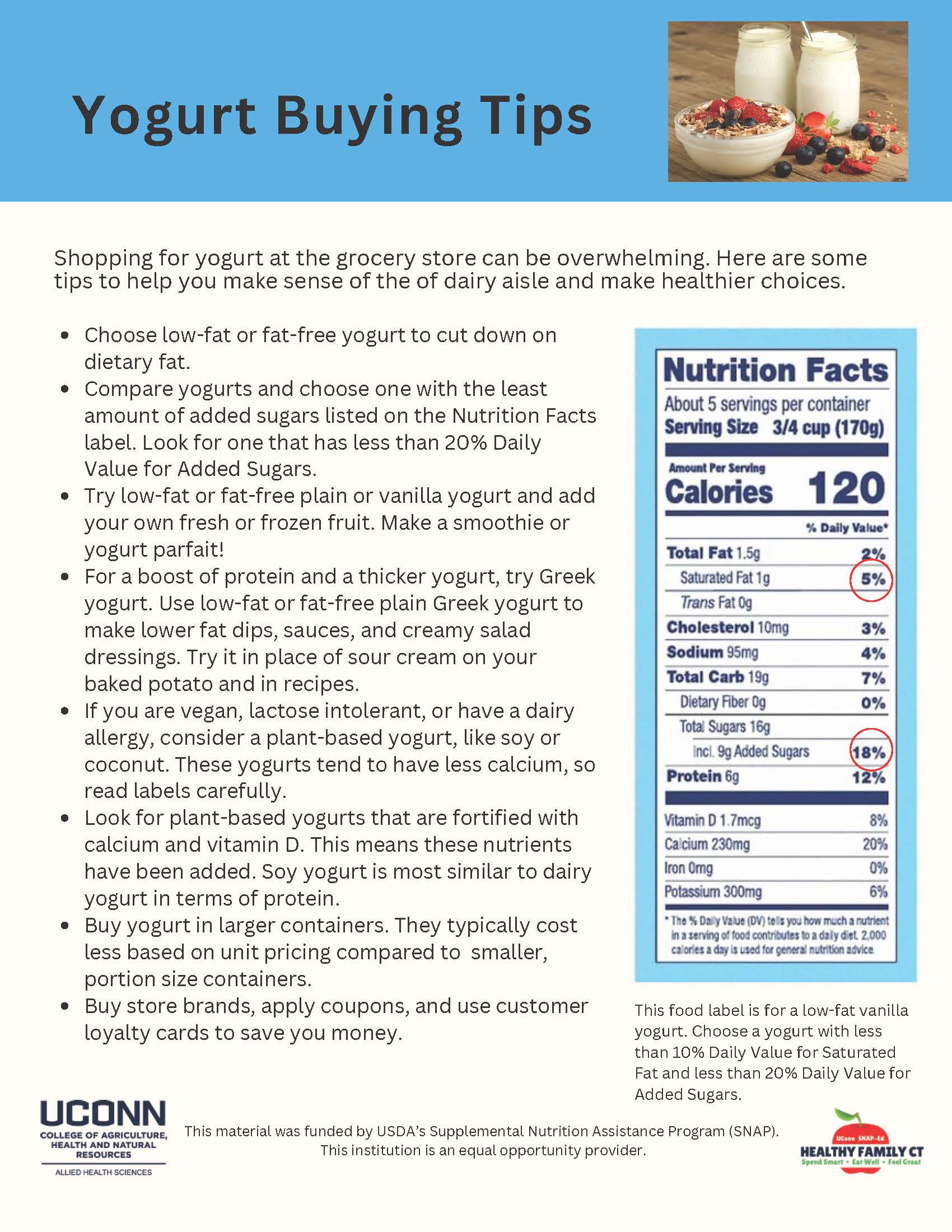 Tips for Buying Yogurt flyer with Nutrition Facts label